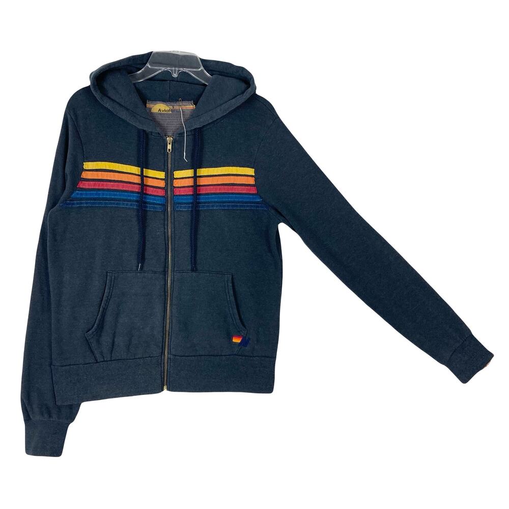 Nwot AVIATOR NATION Hoodie Sweater S Grey Rainbow-Stripe Zip Long-Slv Pocket